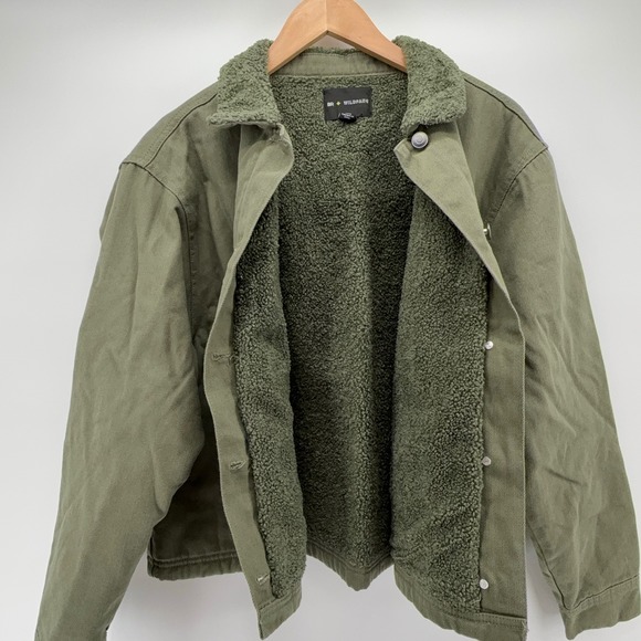 BP Wildfang Olive Green Faux Sherpa Collar‎ Lined Button Front Jacket Chore NEW - Picture 4 of 14